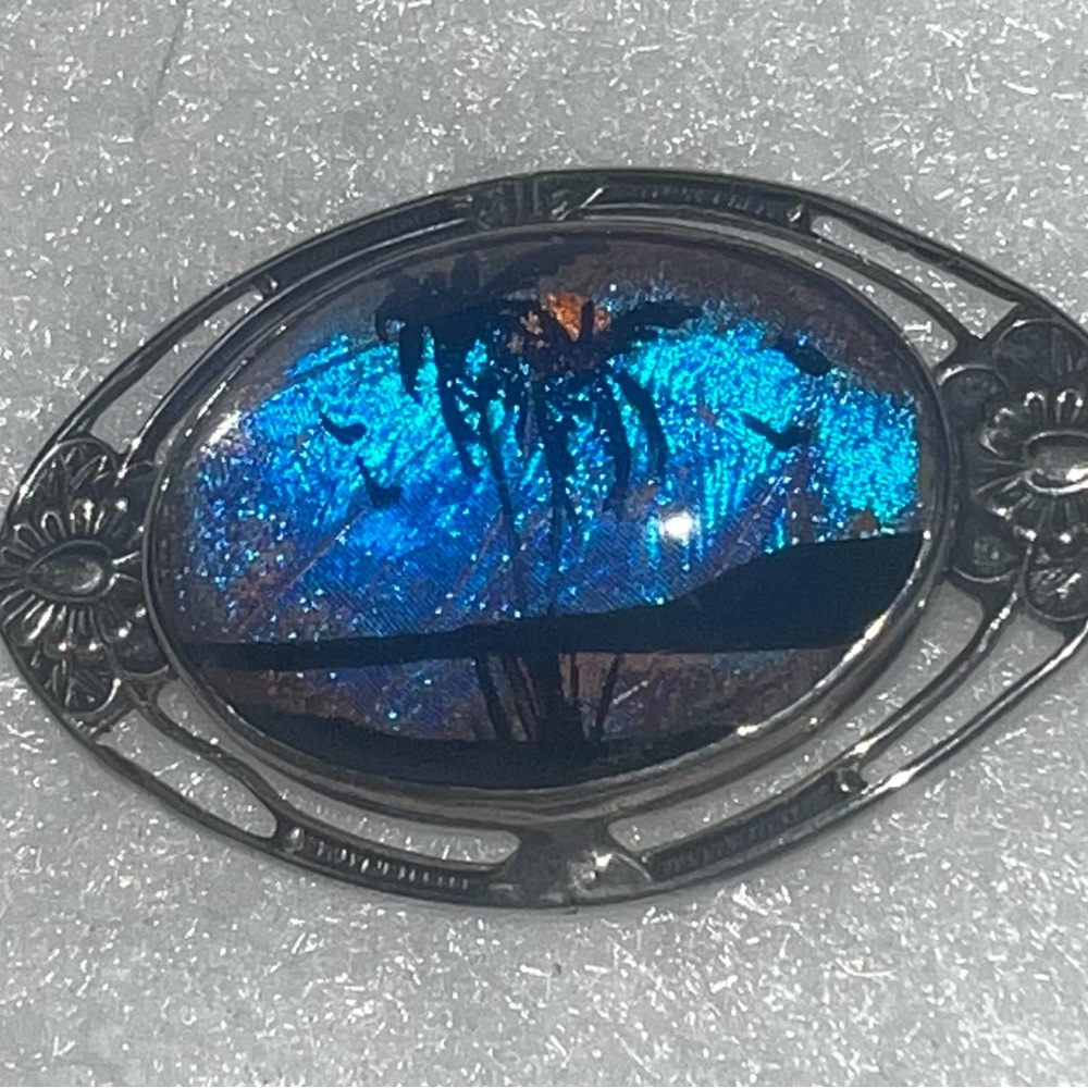 Sterling Butterfly Wing Oval Blue and Black Palm Tree Vintage Brooch